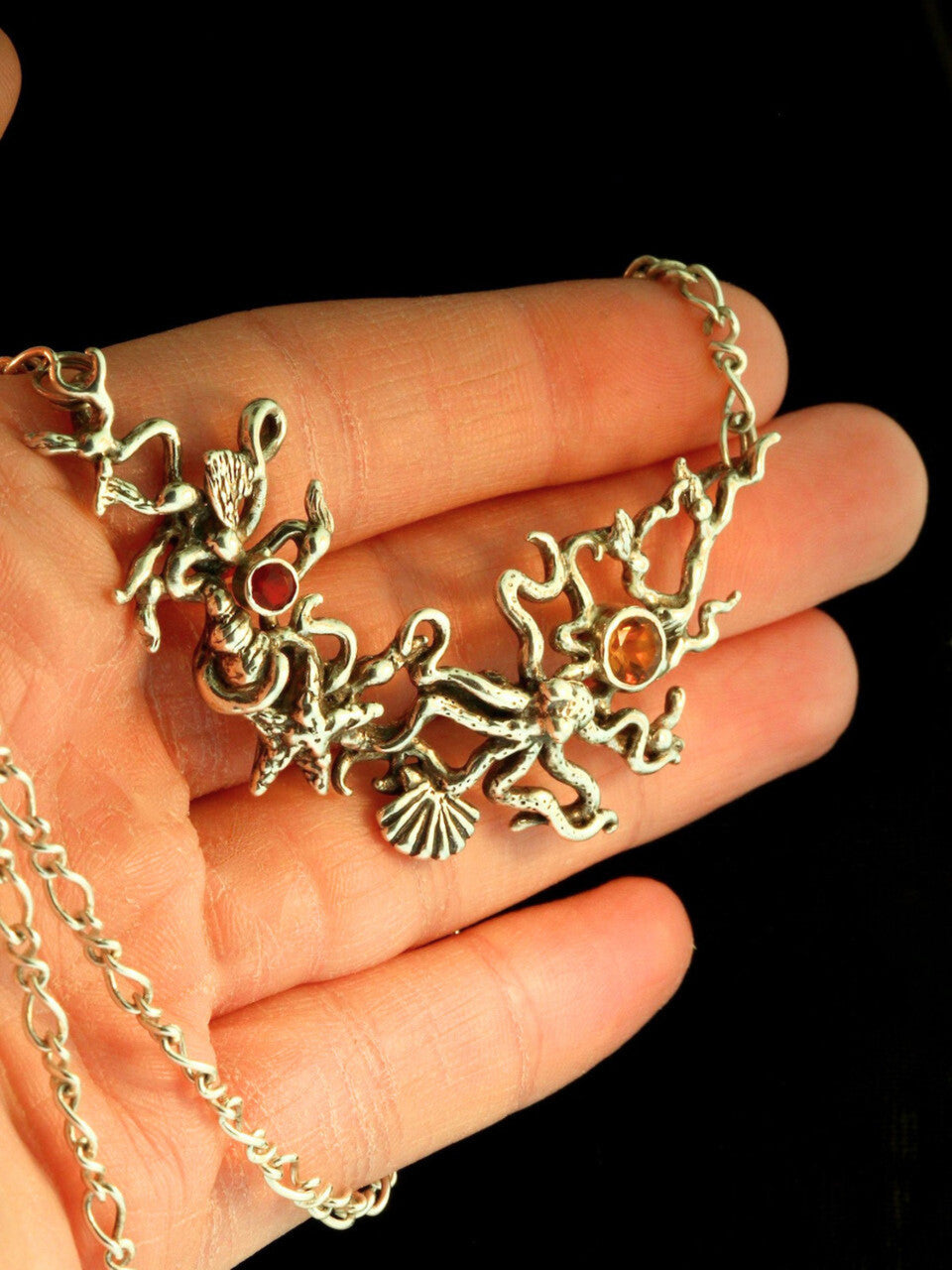 Poseidon's Gift with Gemstones - Octopus And Sea Star Neckpiece - Silver