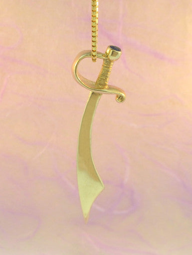 Cutlass Sword Pendant with Sapphire- Solid 14k Gold