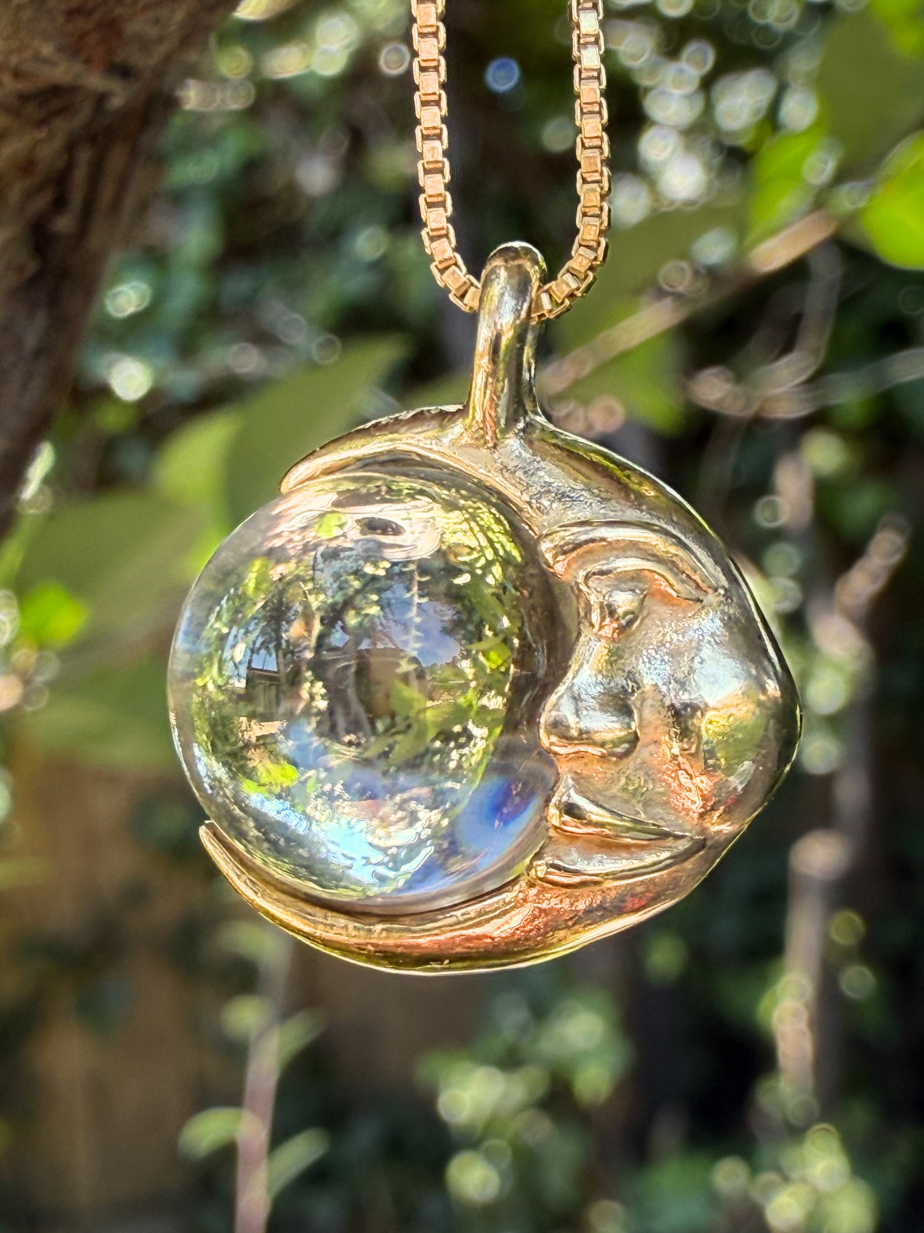 Moon Orb Pendant with Amethyst Orb - Solid 14k Gold