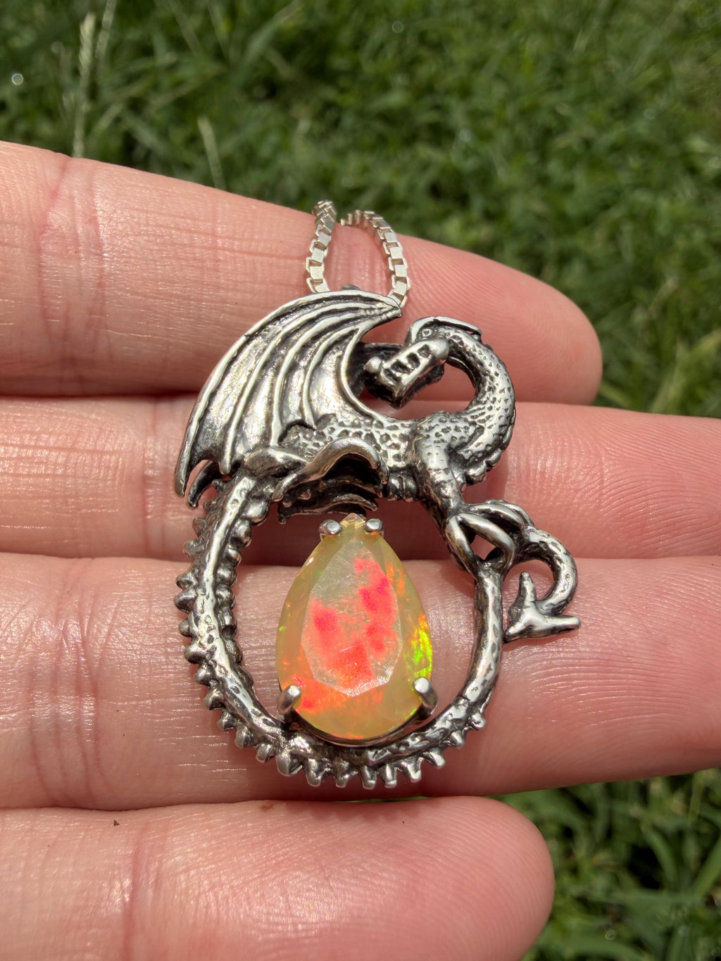 Avalon Dragon Pendant with Ethiopian Fire Opal - Sterling Silver
