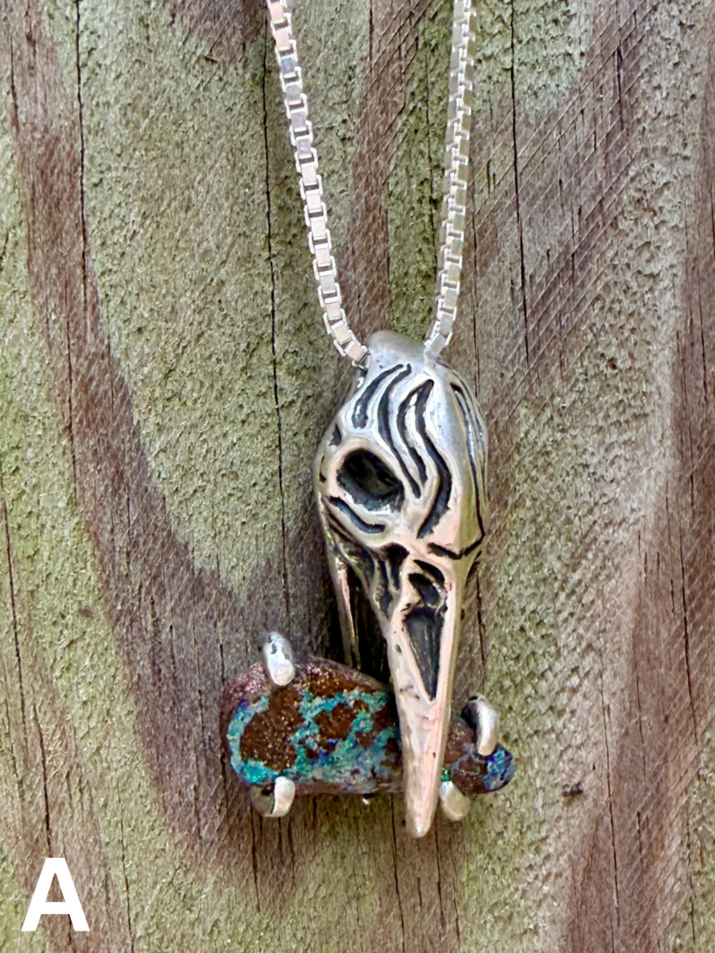 Raven Skull with Boulder Opal - Sterling Silver