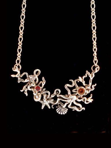 Poseidon's Gift with Gemstones - Octopus And Sea Star Neckpiece - Silver