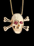 Large Skull and Crossbones Pendant - Ruby Eyes - 14k Gold