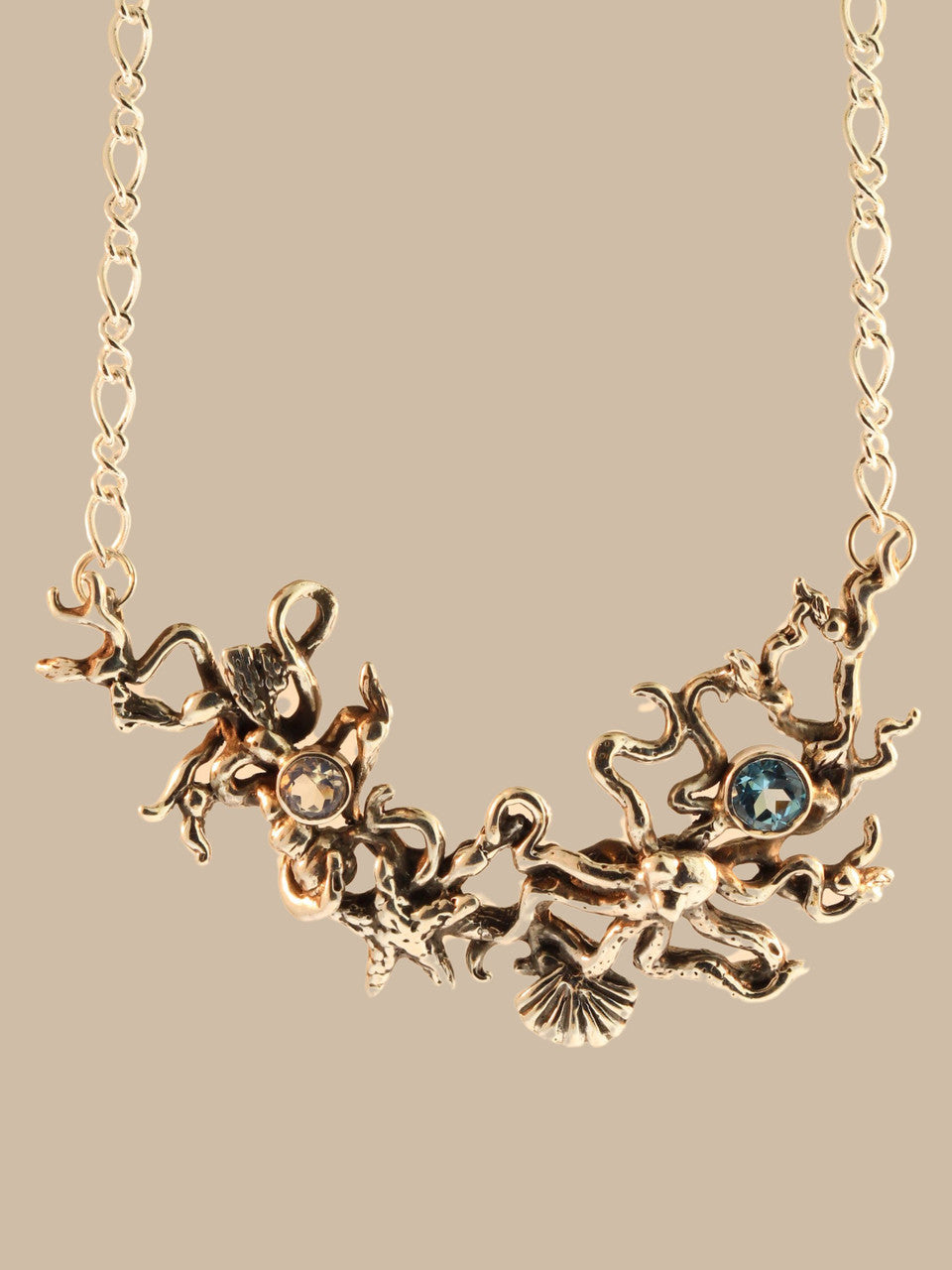Poseidon's Gift with Blue Topaz and Moonstone  - Octopus And Sea Star Neckpiece - Sterling Silver