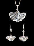 Ginkgo Leaf Pendant and Earring Jewelry Set - Sterling Silver