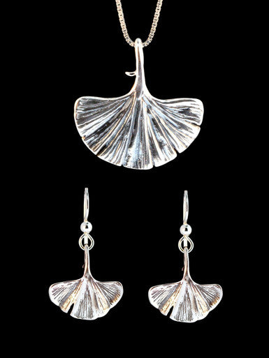 Ginkgo Leaf Pendant and Earring Jewelry Set - Sterling Silver