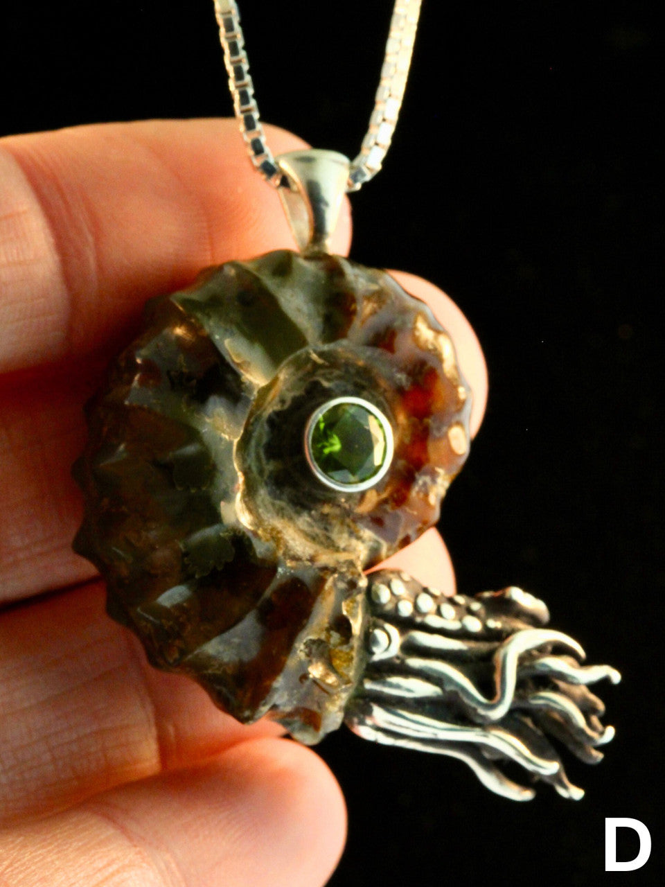 Option D - Spiky Fossilized Ammonite Nautilus Necklace with Peridot