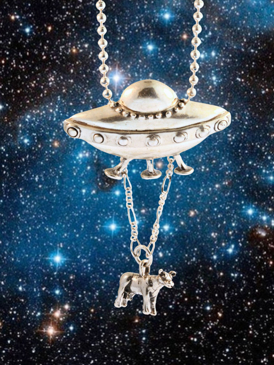 Flying Saucer U.F.O. Pendant with Abducted Cow - Silver