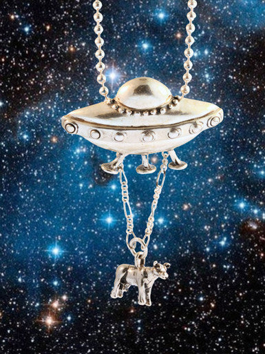 Flying Saucer U.F.O. Pendant with Abducted Cow - Silver