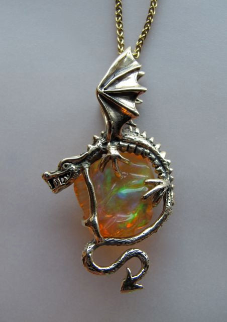 Back View- 18K Gold Todo Santos Dragon Pendant with 8.3 Ct Mexican Fire Opal