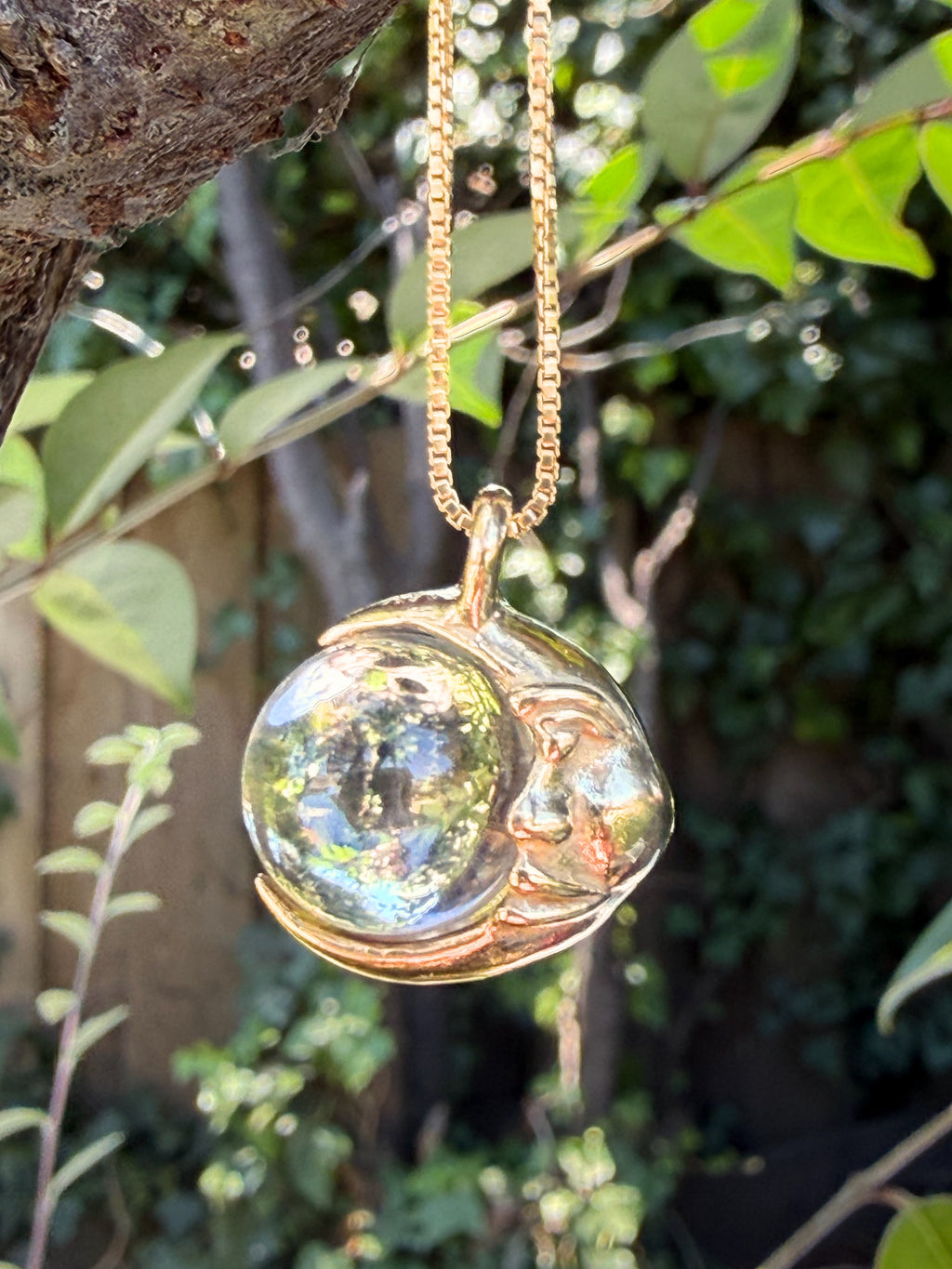 Moon Orb Pendant with Amethyst Orb - Solid 14k Gold