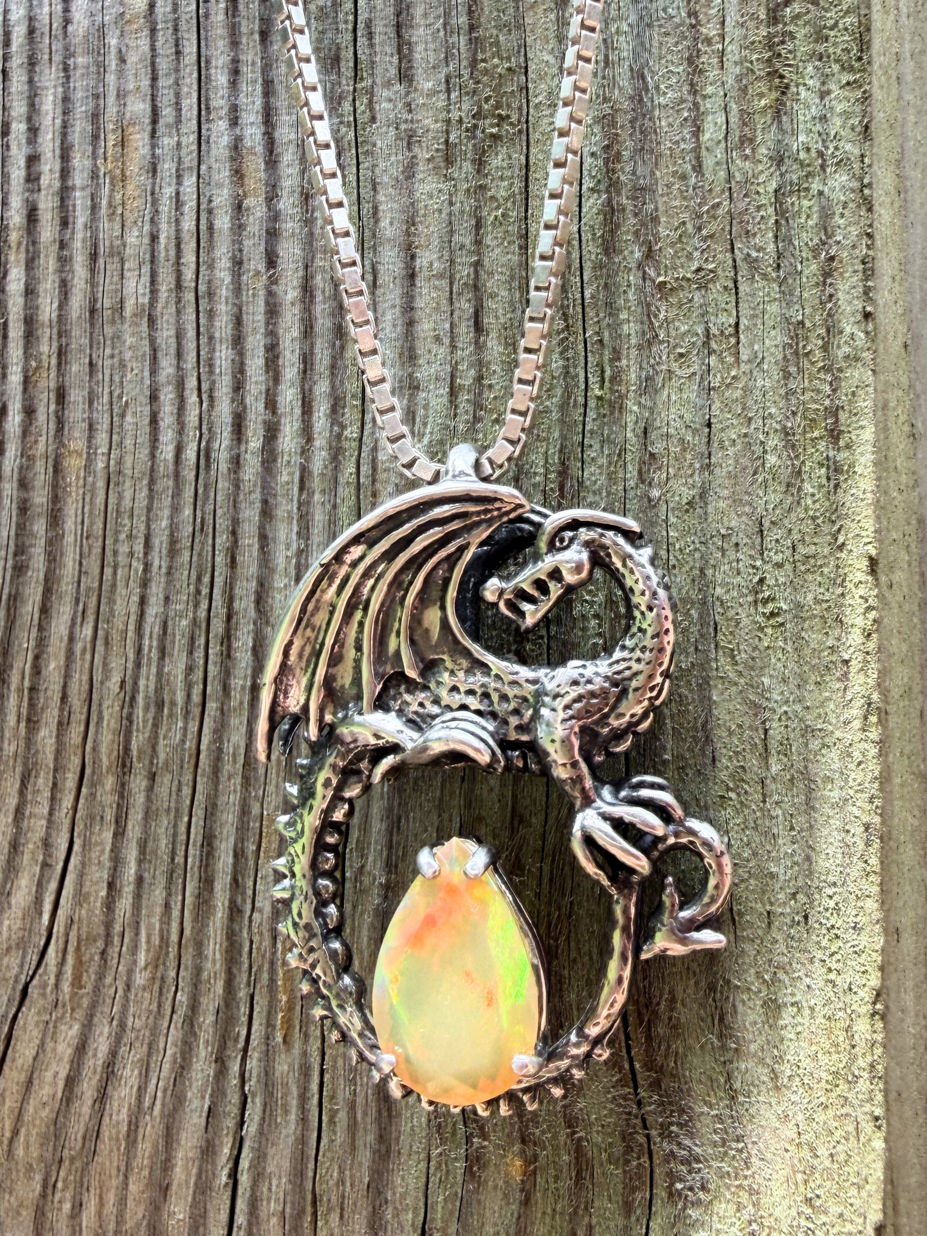 Avalon Dragon Pendant with Ethiopian Fire Opal - Sterling Silver
