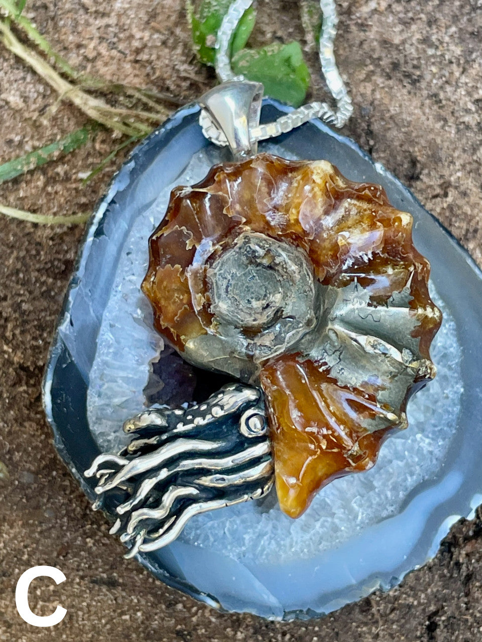 Spiky Fossilized Ammonite Nautilus Pendant