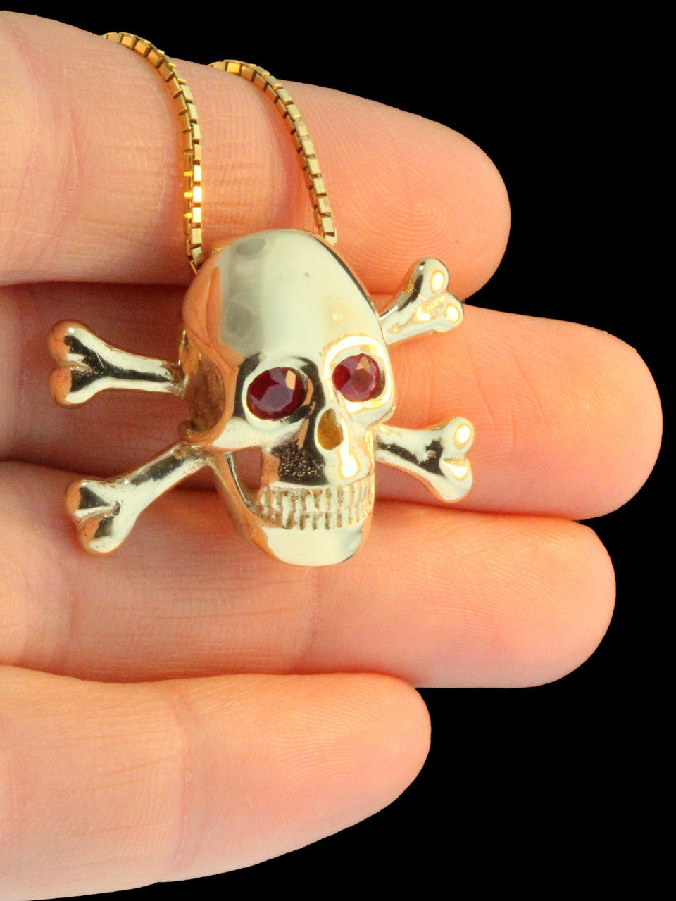 Large Skull and Crossbones Pendant - Ruby Eyes - 14k Gold