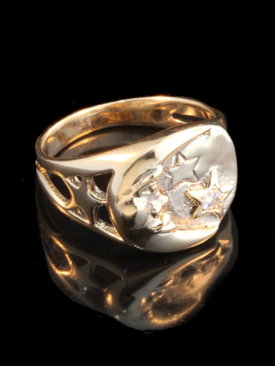 Moon and Star Ring with 5 Pt. Diamond - 14k Gold
