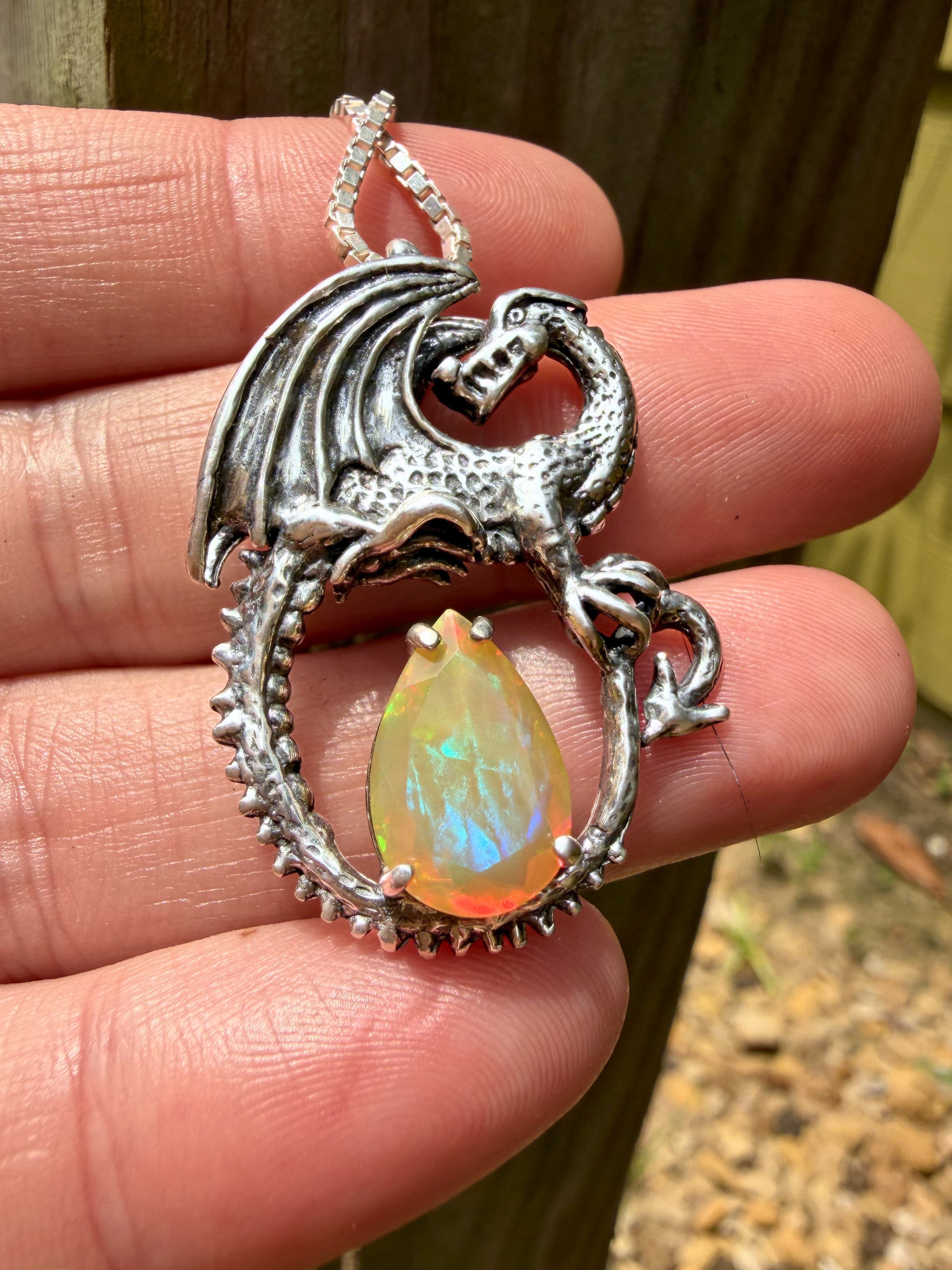 Avalon Dragon Pendant with Ethiopian Fire Opal - Sterling Silver