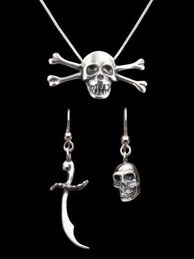 Skull and Crossbones Pendant and Skull Earrings Jewelry Set - Silver