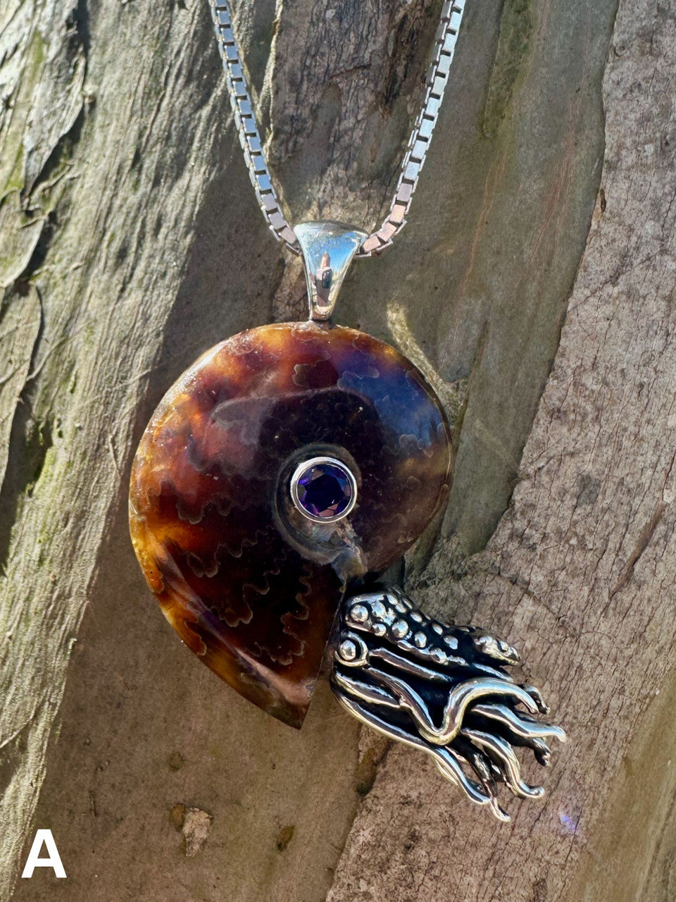 Fossilized Ammonite Nautilus Necklace with Gemstone - Sterling Silver