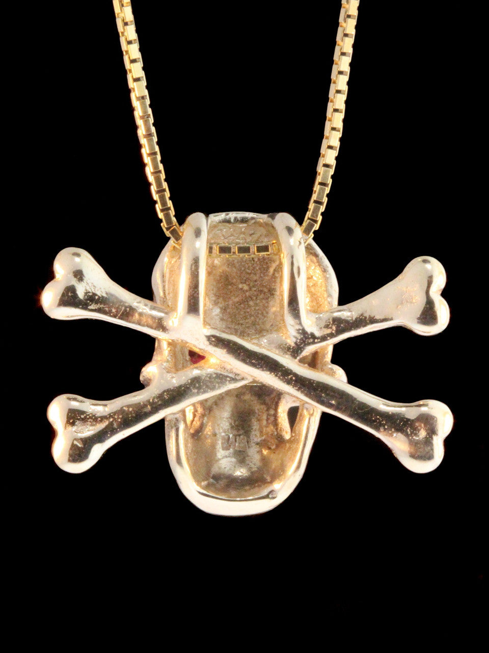 Large Skull and Crossbones Pendant - Ruby Eyes - 14k Gold