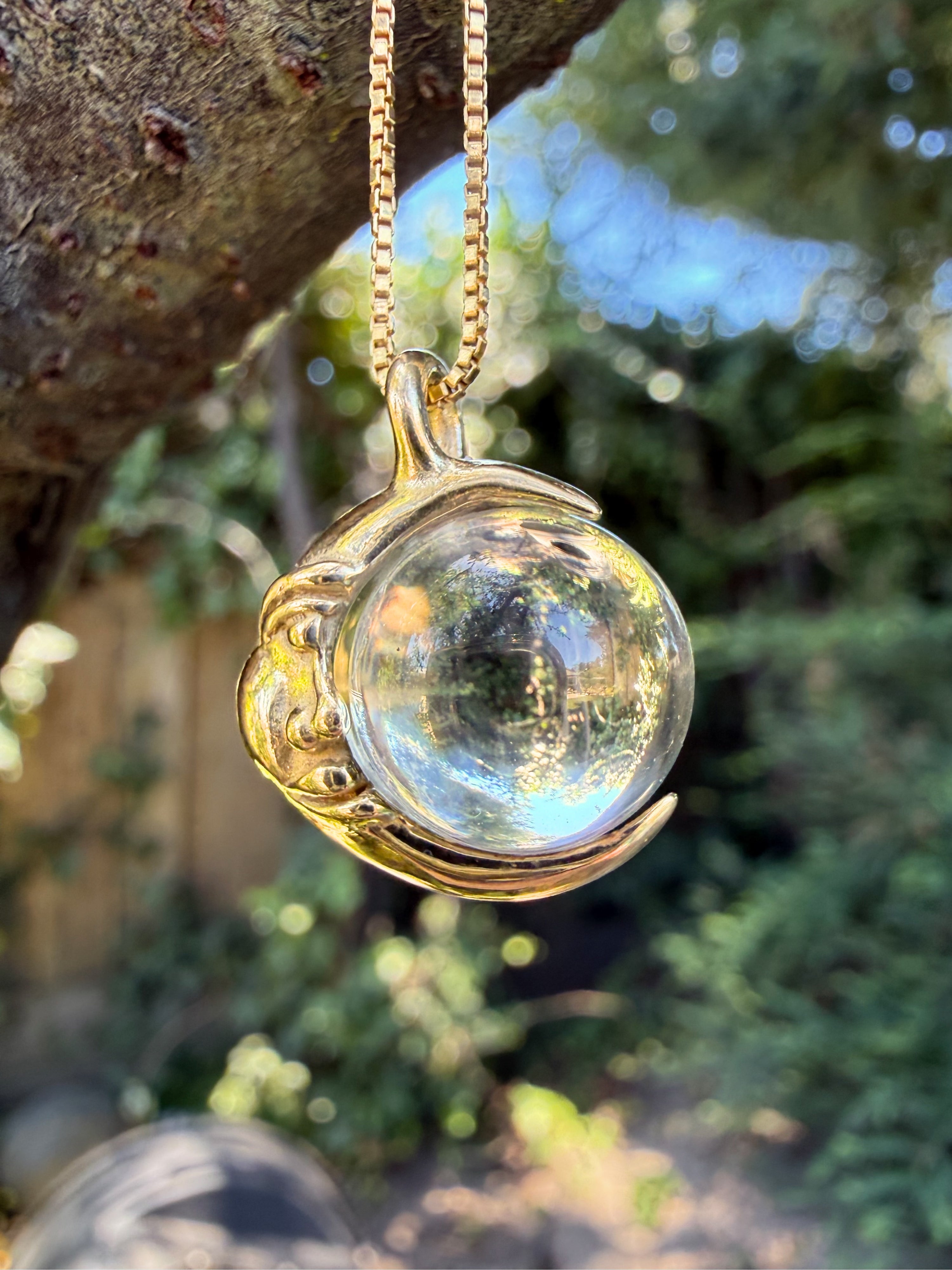 Moon Orb Pendant with Amethyst Orb - Solid 14k Gold