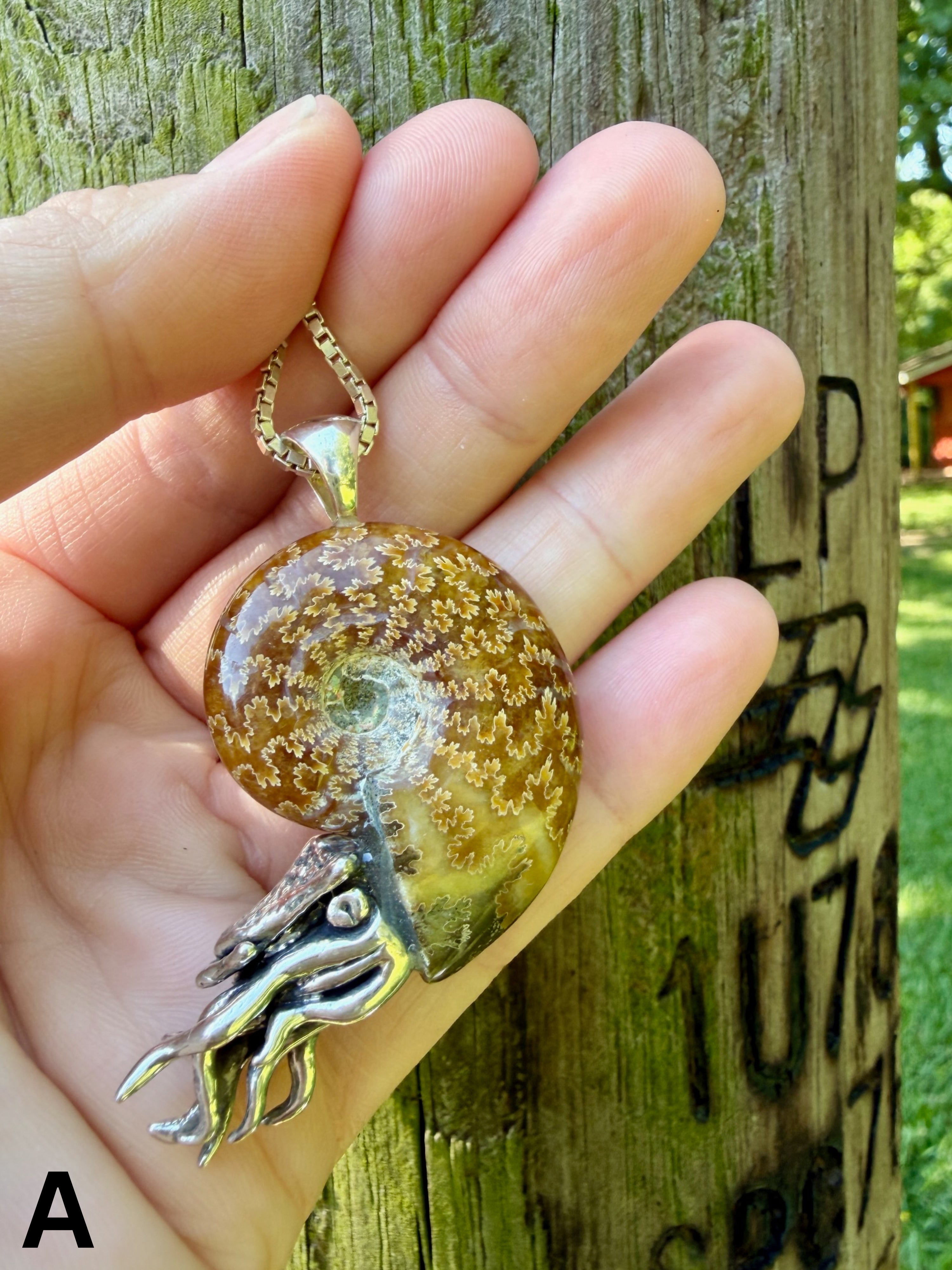 Fossilized Ammonite Nautilus Necklace with Jade Pattern - Sterling Silver