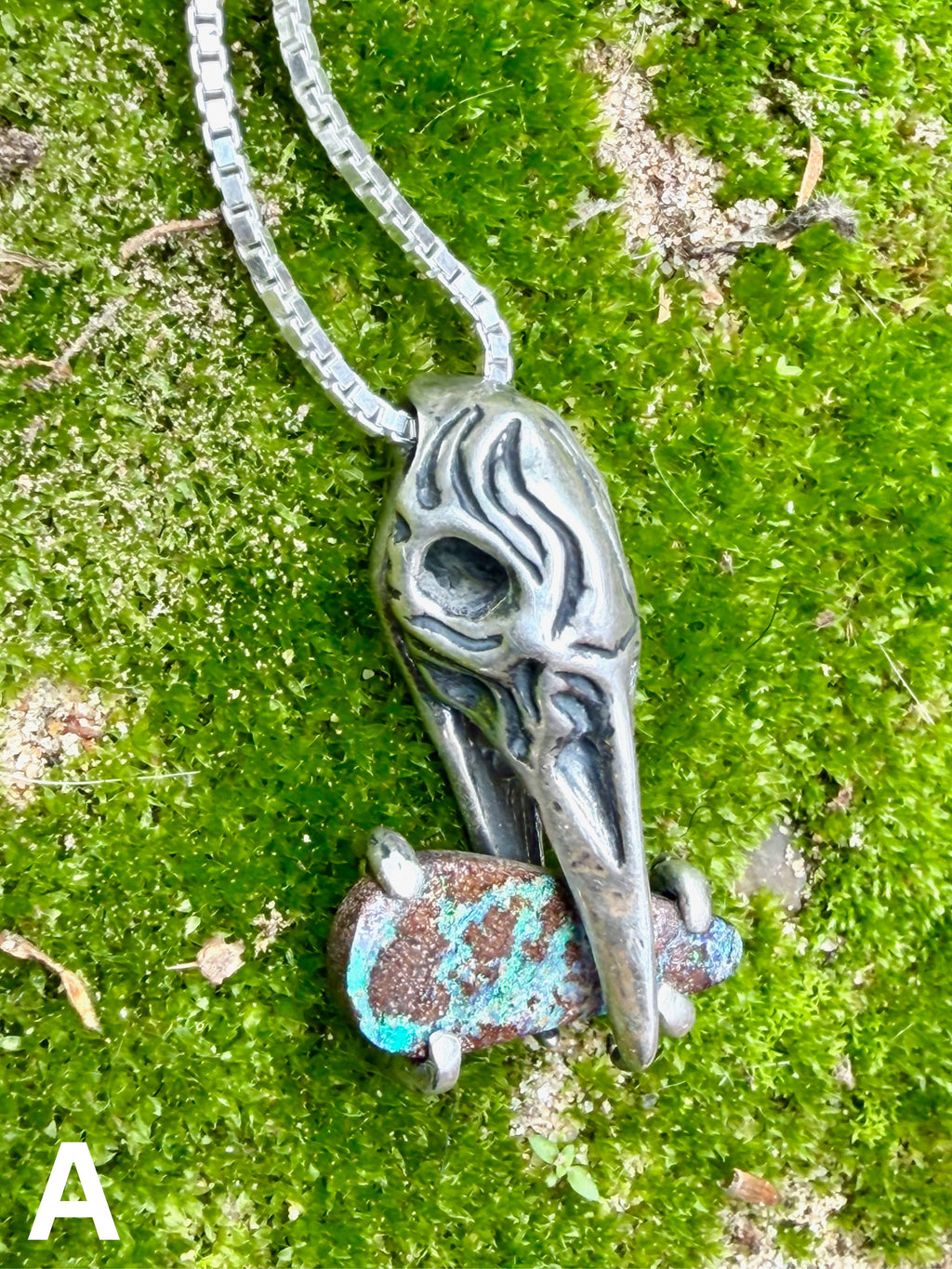 Raven Skull with Boulder Opal - Sterling Silver
