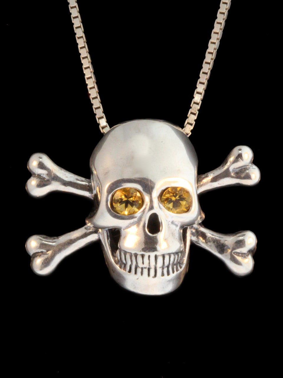 Large Skull and Crossbones Pendant Citrine Eyes in Silver