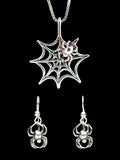 Spider Web Pendant  and Tiny Spider Earrings Jewelry Set - Sterling Silver