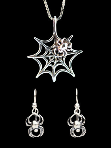 Spider Web Pendant  and Tiny Spider Earrings Jewelry Set - Sterling Silver
