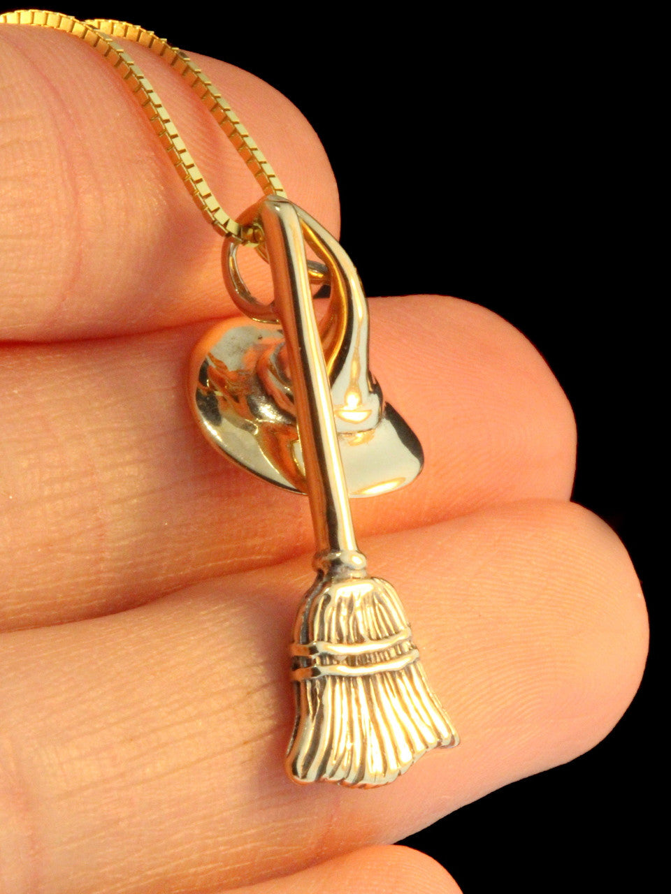 Halloween - Witch's Hat and Witchs' Broom Stick Charms 14k Gold