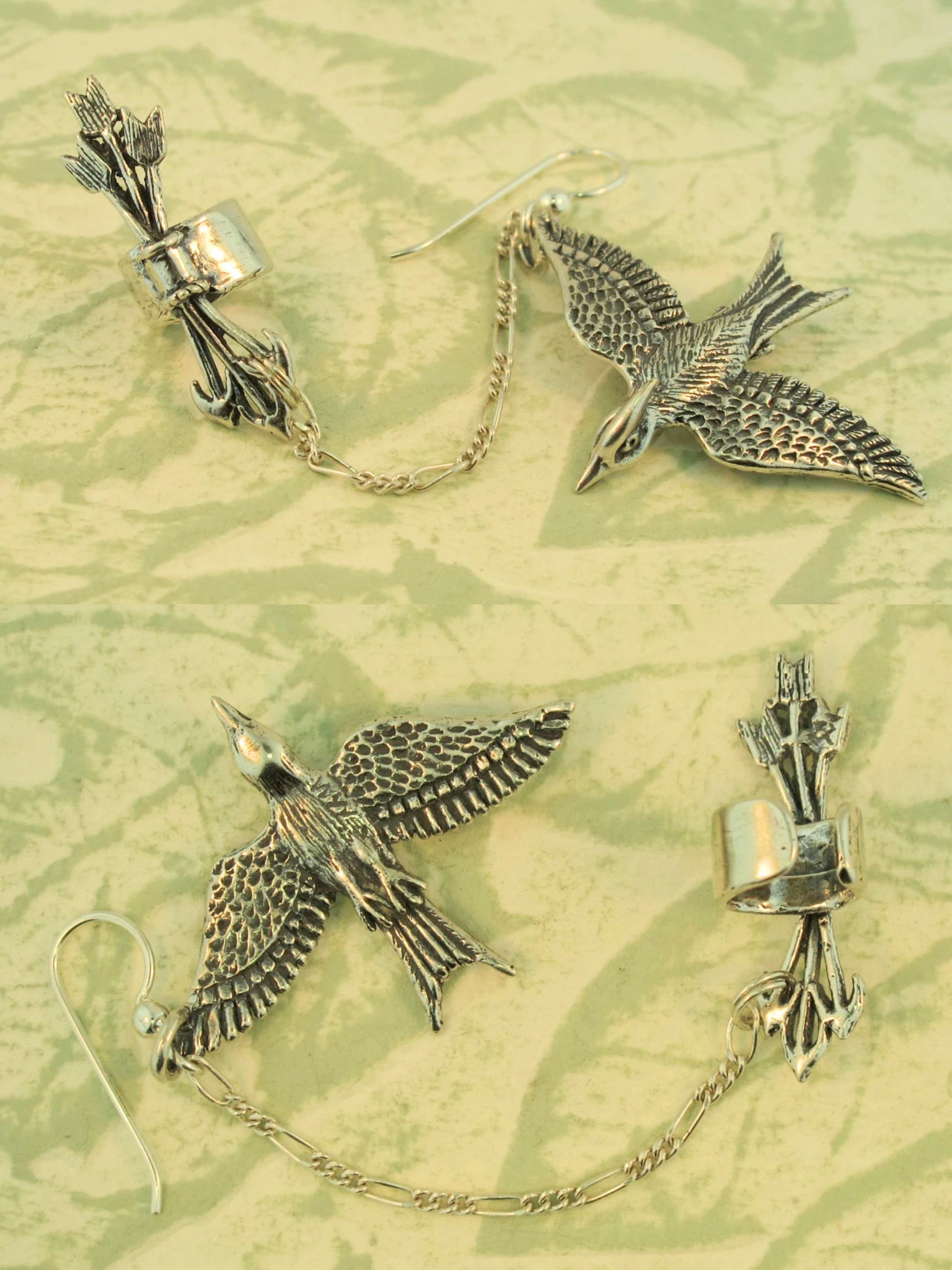 Silver Quiver and Arrows Ear Cuff and Mocking Jay - Bajoran Style - Silver