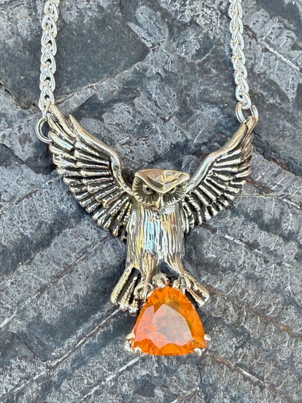 Owl Neckpiece with Mexican Fire Opal - Sterling Silver