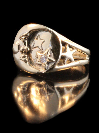 Moon and Star Ring with 5 Pt. Diamond - 14k Gold