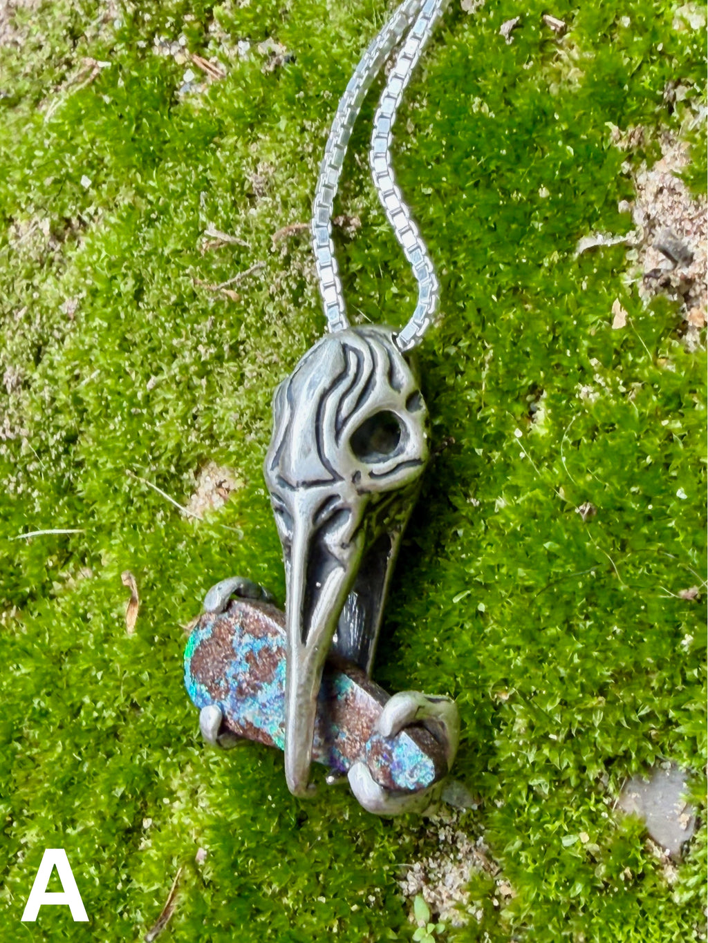Raven Skull with Boulder Opal - Sterling Silver