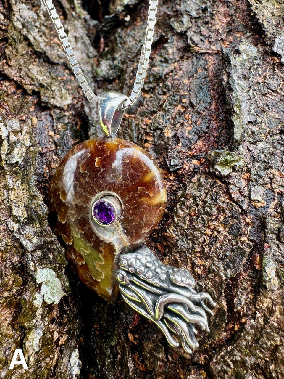 A - Fossilized Ammonite Nautilus Necklace with Amethyst