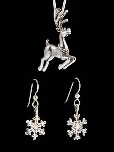 Reindeer Pendant and Snowflake Earrings Jewelry Set - Sterling Silver