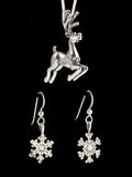 Reindeer Pendant and Snowflake Earrings Jewelry Set - Sterling Silver