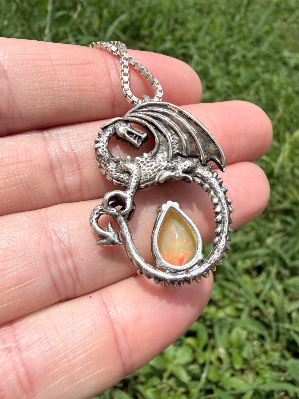 Avalon Dragon Pendant with Ethiopian Fire Opal - Sterling Silver