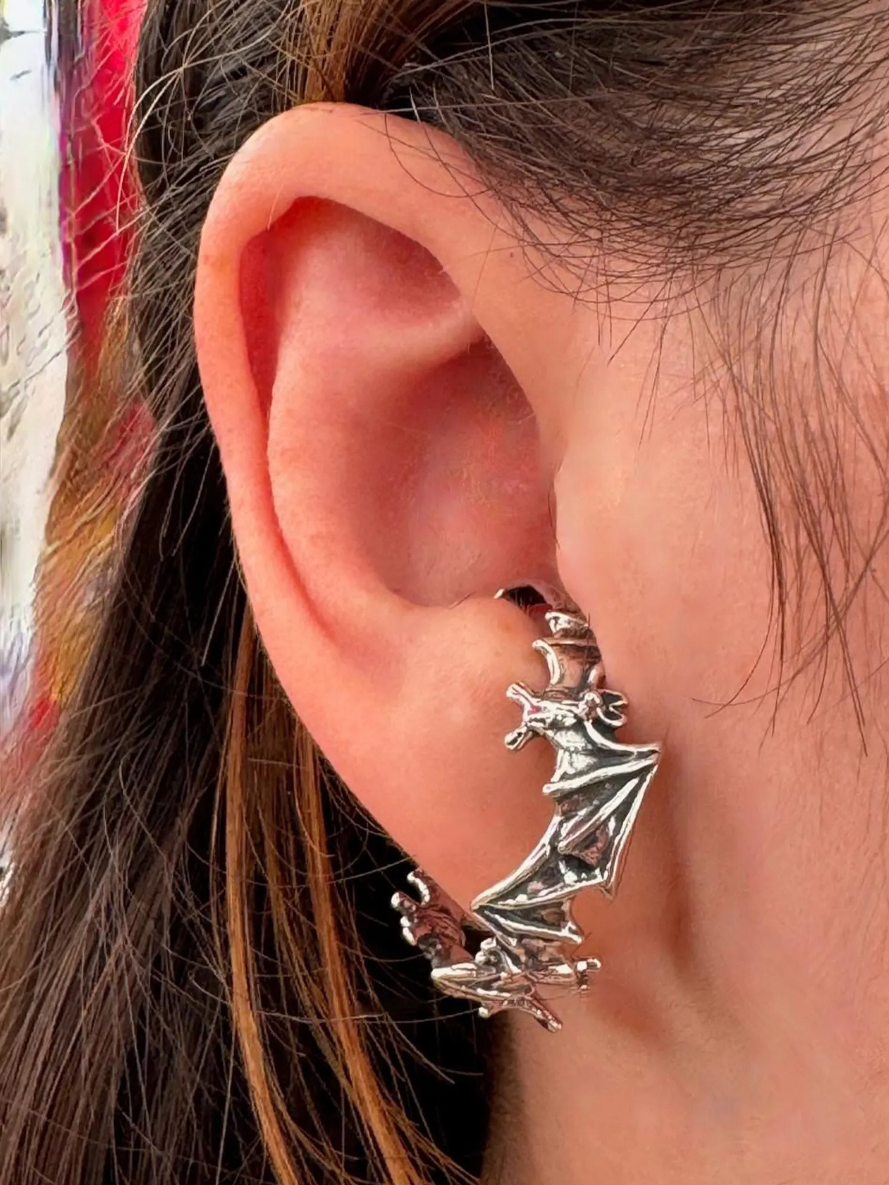 Bat Flock Ear Hoop - Silver
