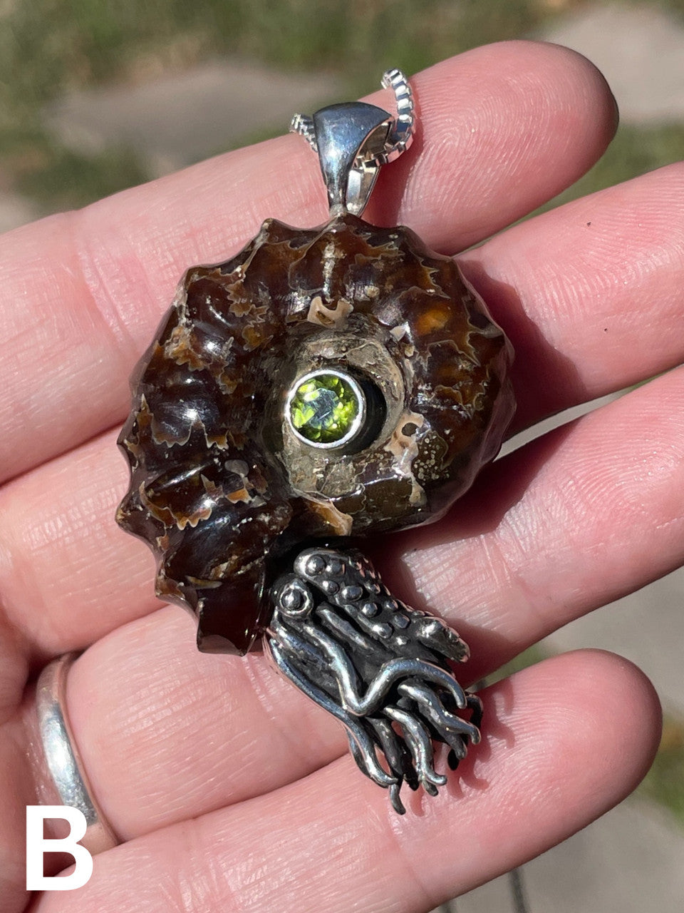 Option B - Spiky Fossilized Ammonite Nautilus Necklace with Peridot