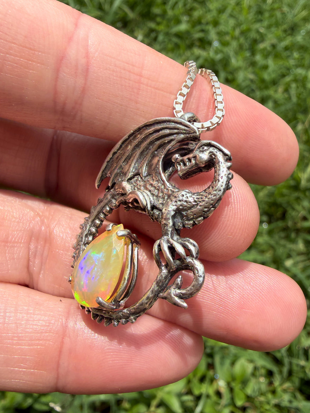 Avalon Dragon Pendant with Ethiopian Fire Opal - Sterling Silver