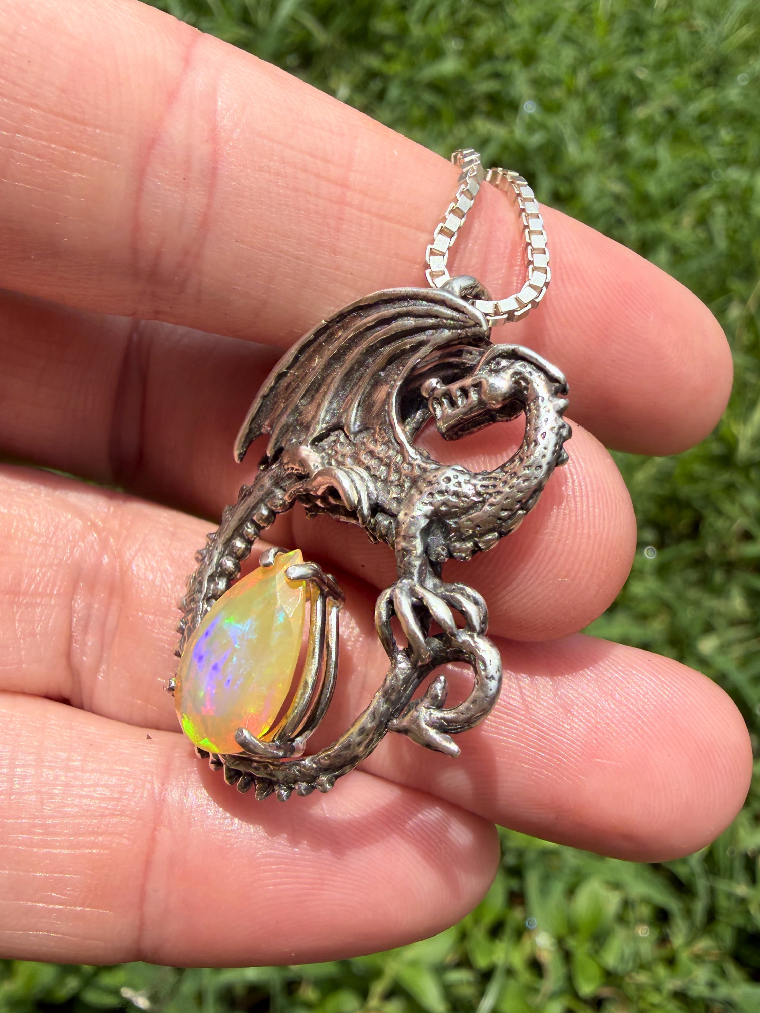 Avalon Dragon Pendant with Ethiopian Fire Opal - Sterling Silver