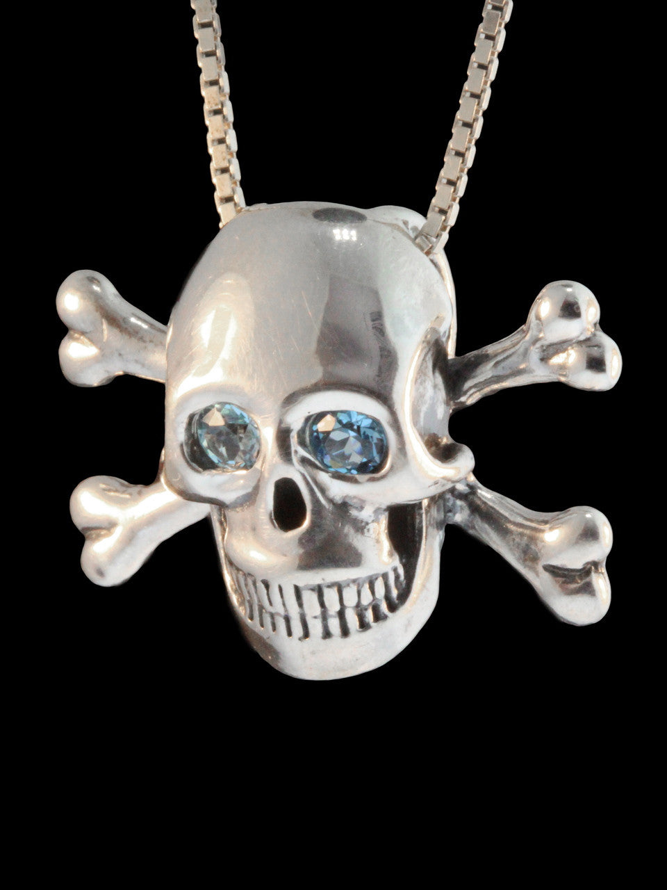 Large Skull and Crossbones Pendant Blue Topaz Eyes in Silver