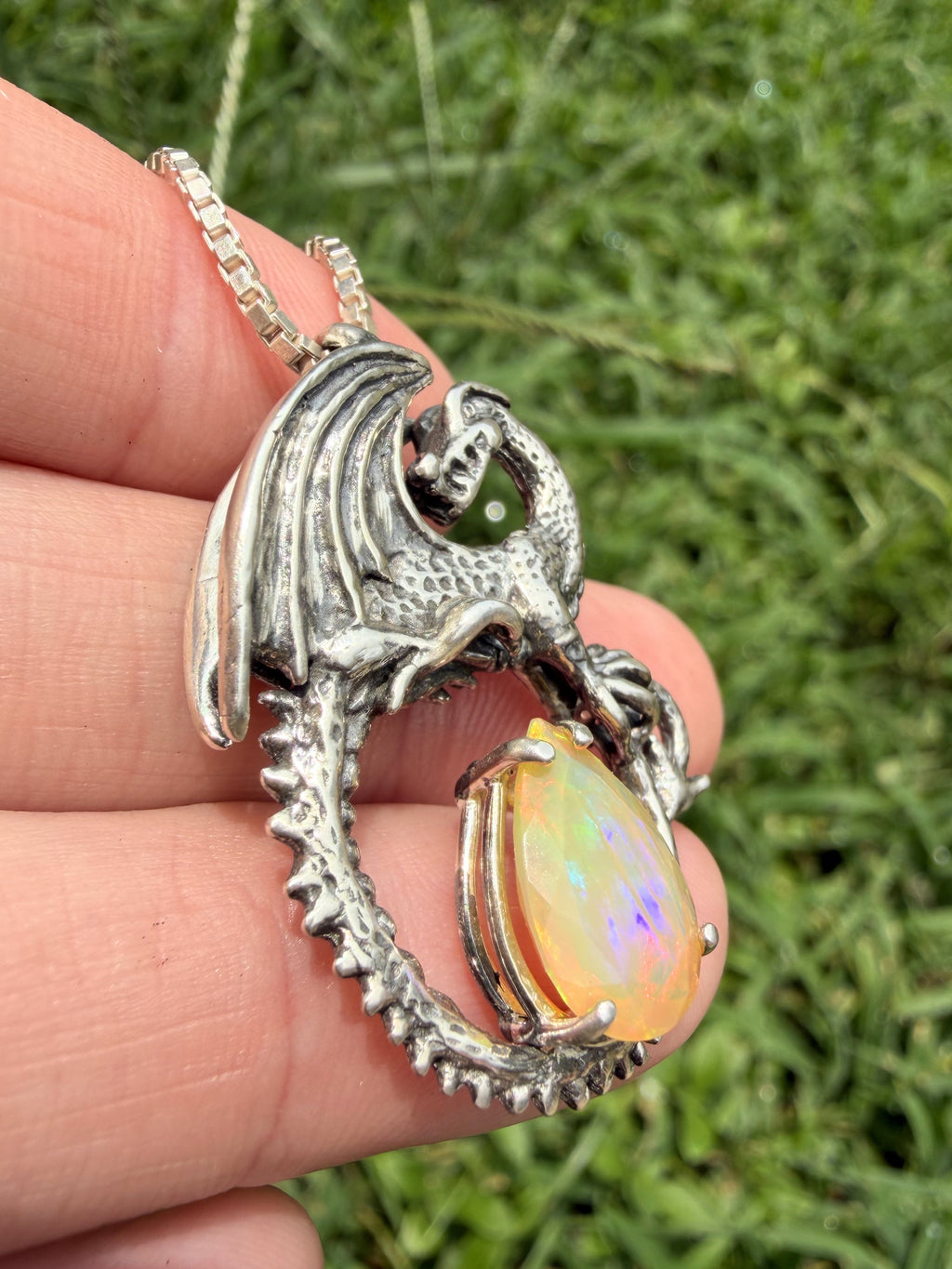 Avalon Dragon Pendant with Ethiopian Fire Opal - Sterling Silver