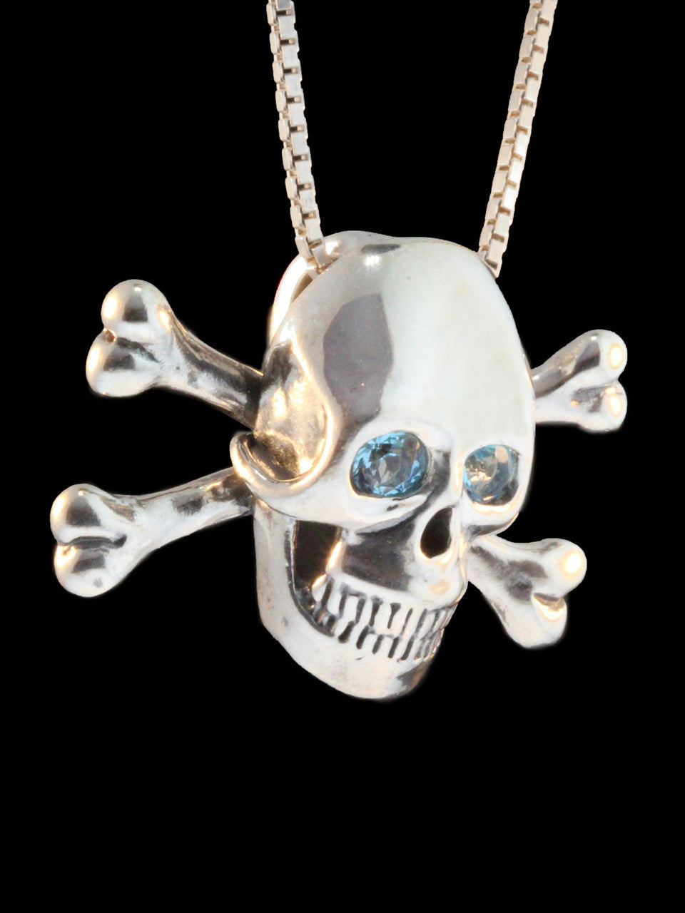 Large Skull and Crossbones Pendant Blue Topaz Eyes in Silver