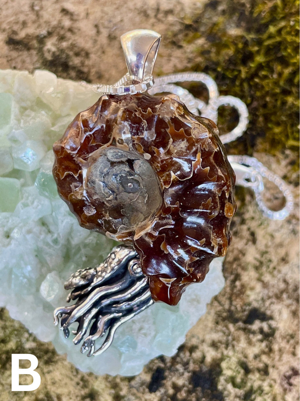 Option B - Spiky Fossilized Ammonite Nautilus Necklace with Peridot