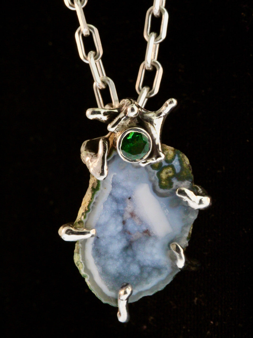 Druzy Quartz Geode Pendant with Tsavoite - Silver