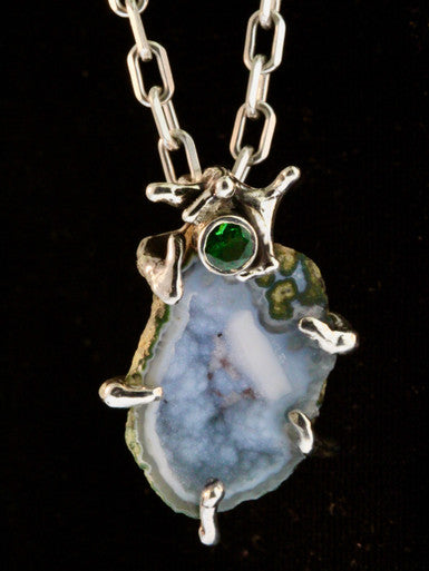Galileo - Druzy Quartz Geode Pendant with Tsavoite - Sterling Silver
