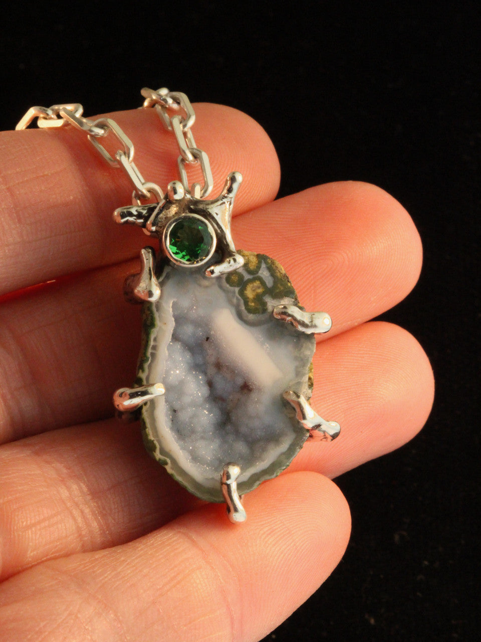 Druzy Quartz Geode Pendant with Tsavoite - Silver