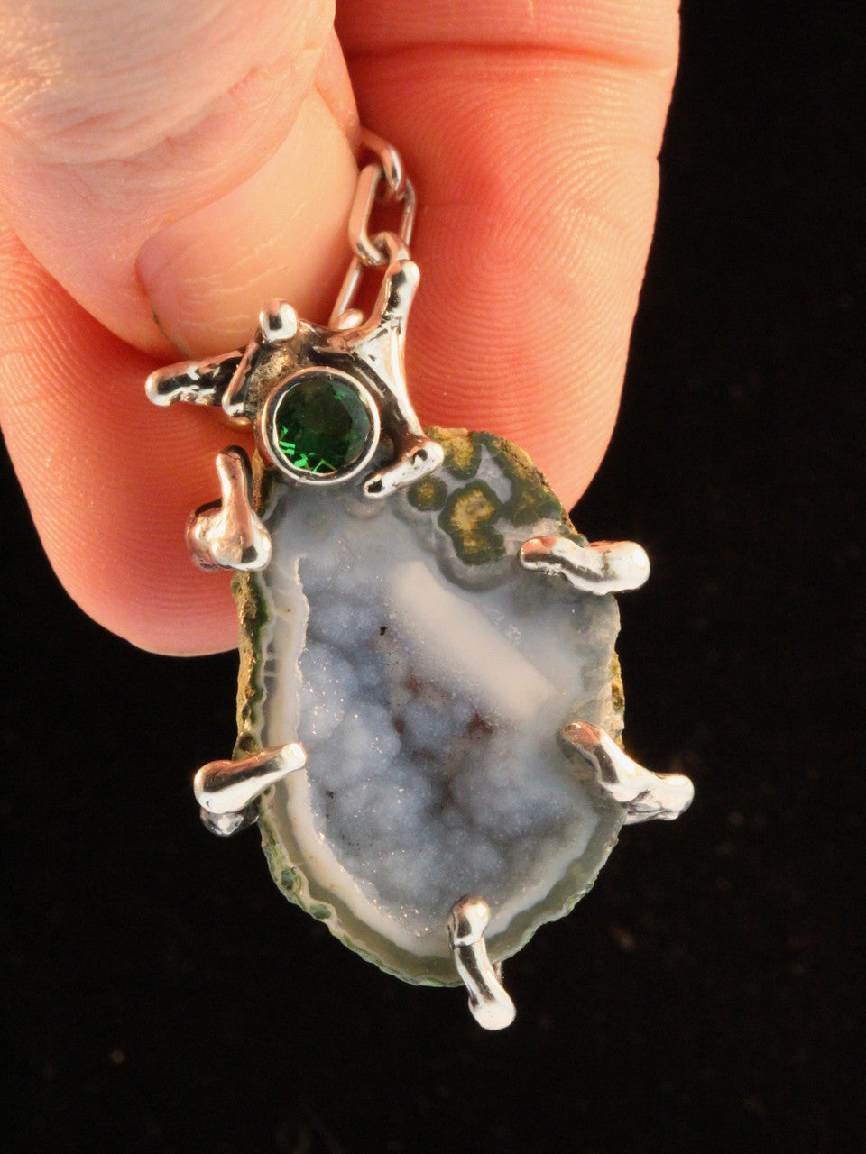 Druzy Quartz Geode Pendant with Tsavoite - Silver